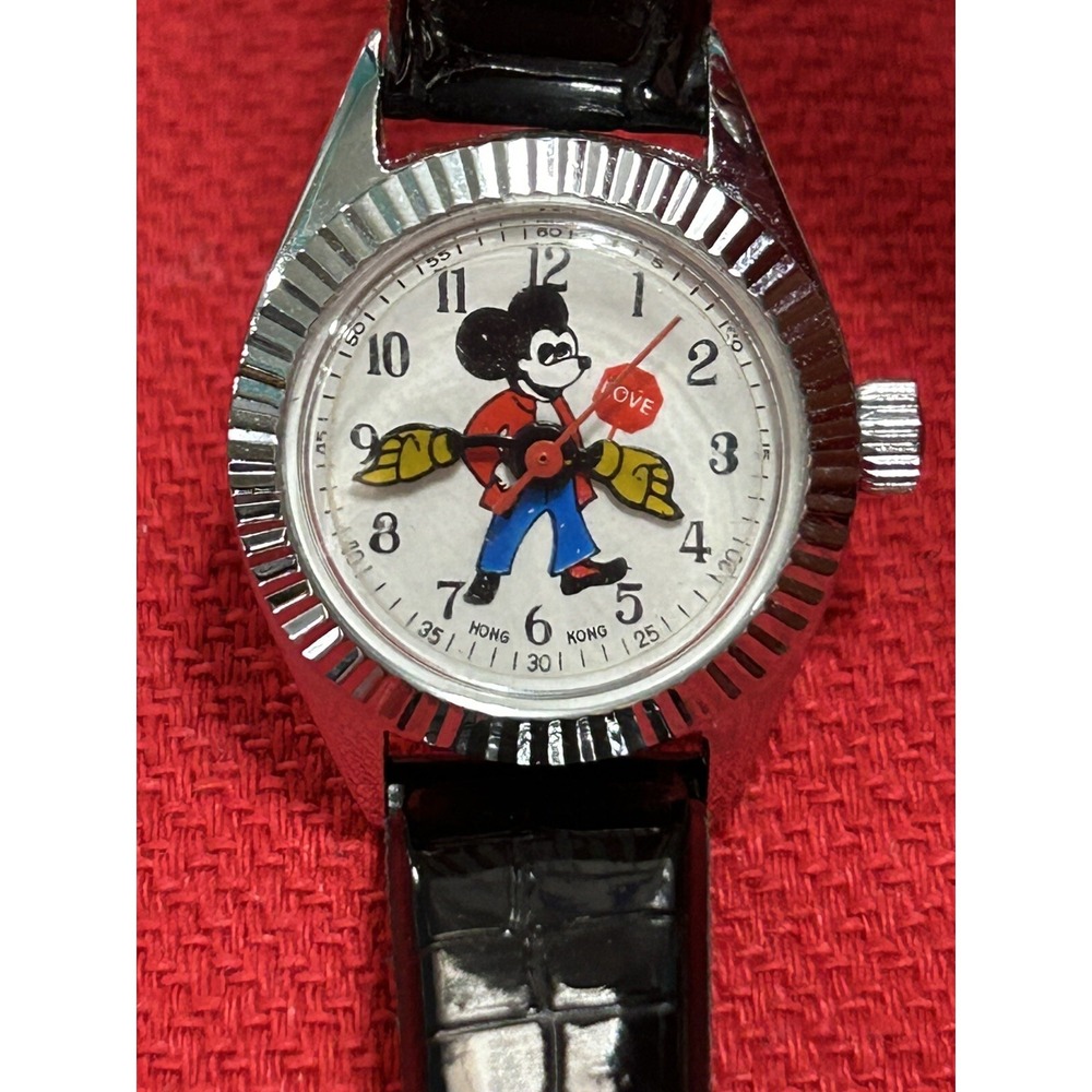 Vtg Disney Mickey Mouse Women Watch Remex Manual Wind Black Leather Band READ